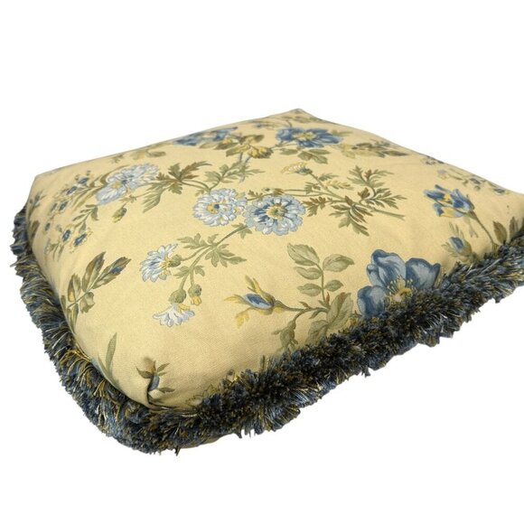 Floral Accent Pillow Yellow Blue Fringe Zippered Cover w/ Insert 19" - Picture 4 of 8